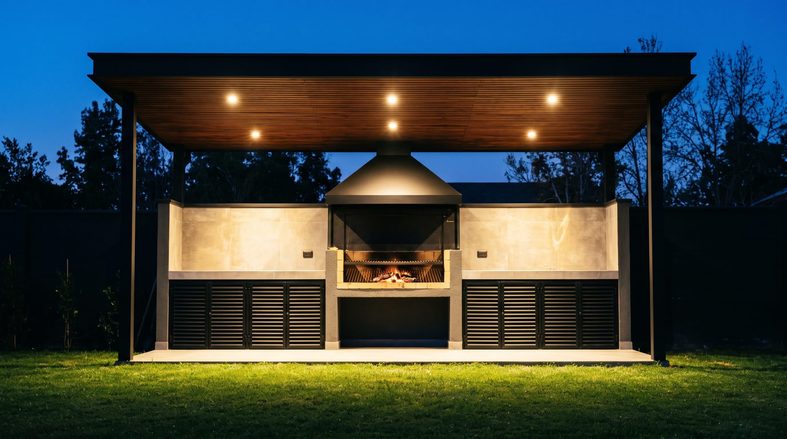 Imagen referencial: quincho con pérgola de madera iluminada al anochecer, parrilla encendida y muebles de celosía negra